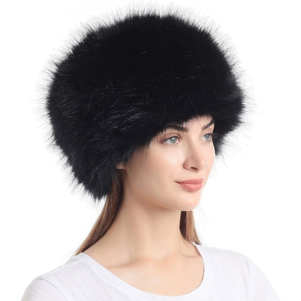 Women  Black Warm Winter Hat Faux Fur Russian Cossack Style